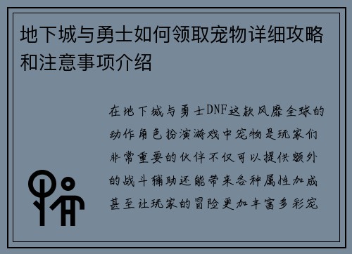 地下城与勇士如何领取宠物详细攻略和注意事项介绍